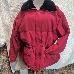 Metropolis Glacier Red Puff Jacket With  Faux Fur Trim